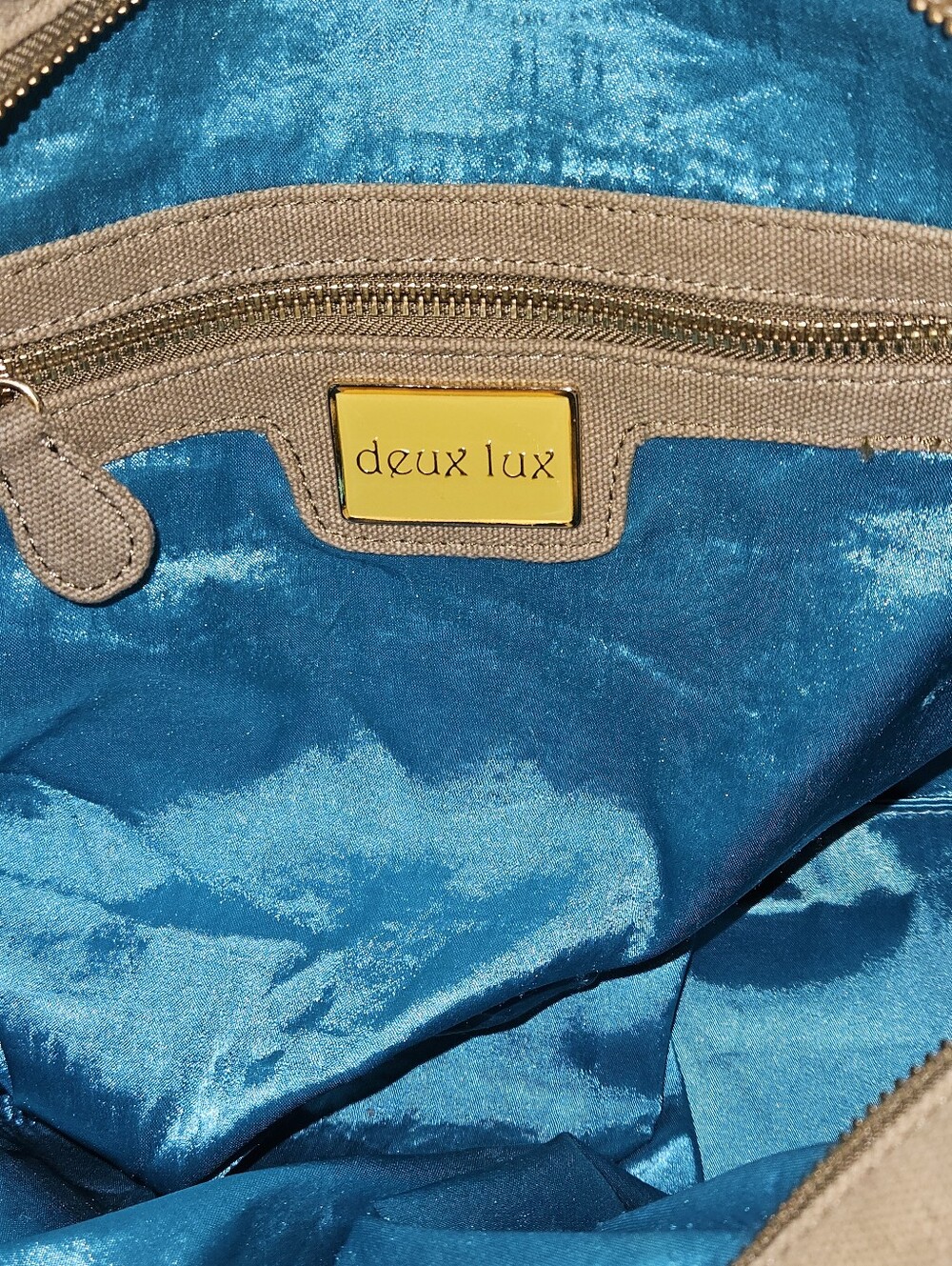 Duex Lux Women’s Taupe Canvas Tote with Green Sequin Accents - Picture 5 of 5